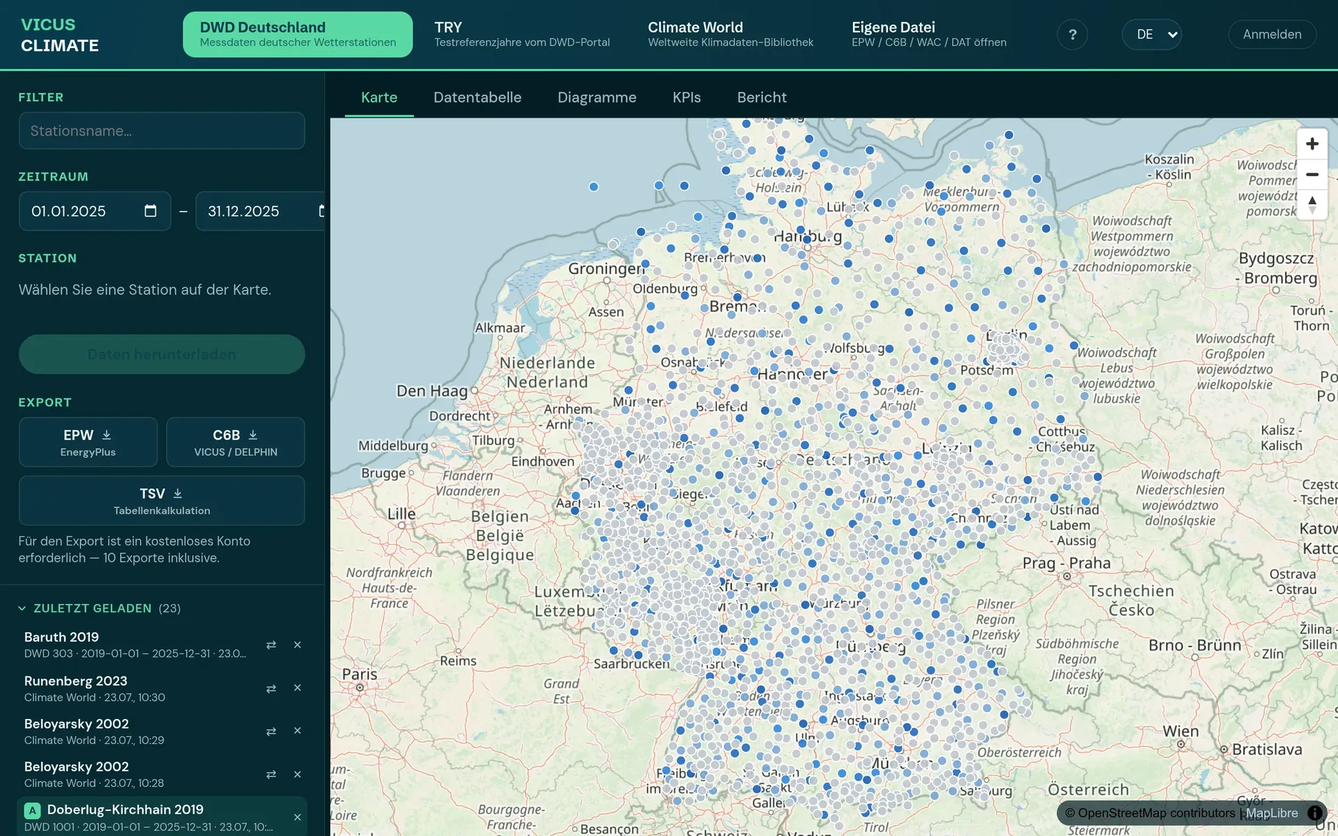 VICUS CLIMATE – Hauptansicht mit Filtern, Export, Verlauf und Stationskarte