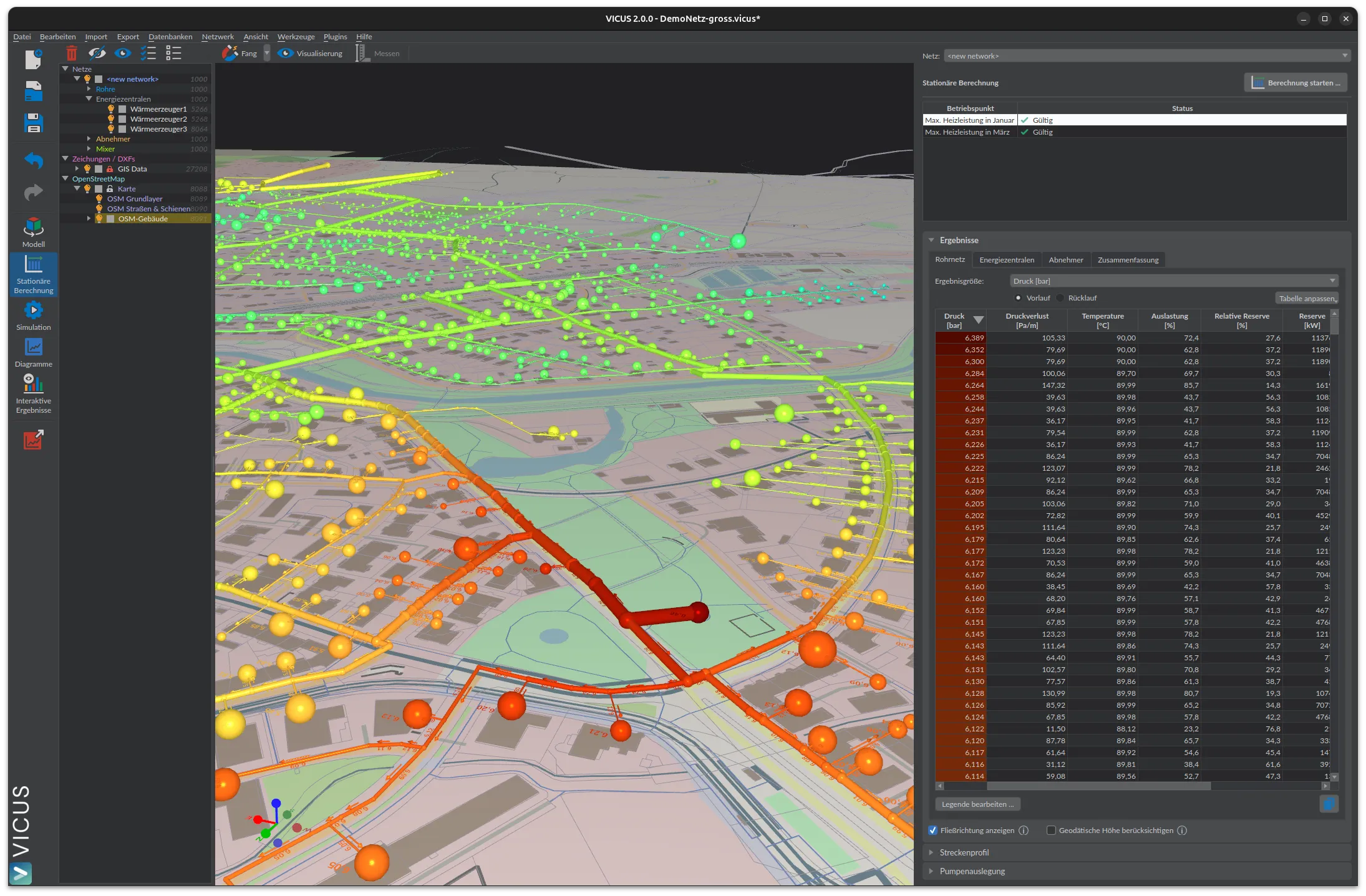 VICUS Districts — 3D-Quartiersansicht mit eingefärbtem Wärmenetz