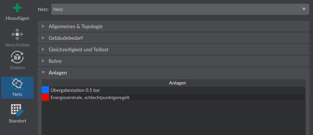 Eigenschaften-Panel mit der Kategorie Anlagen und der Anlagen-Tabelle