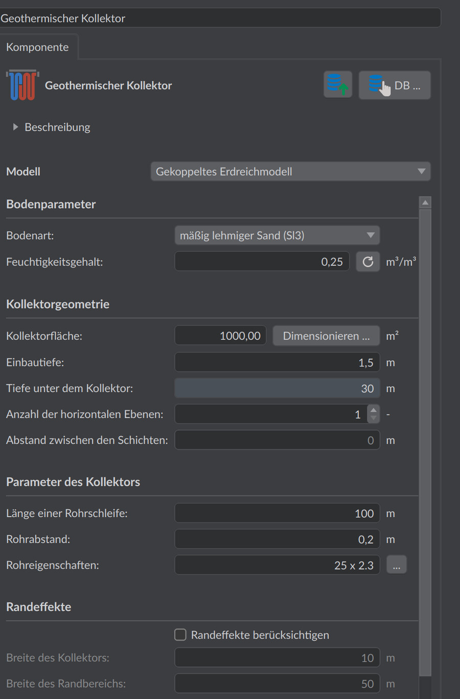 Parameter des geothermischen Kollektors: Bodenparameter, Kollektorgeometrie und Randeffekte des gekoppelten Erdreichmodells