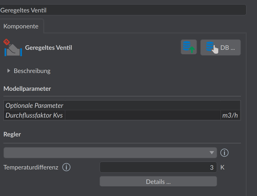 Parameter des geregelten Ventils mit Durchflussfaktor Kvs und zugeordnetem Regler