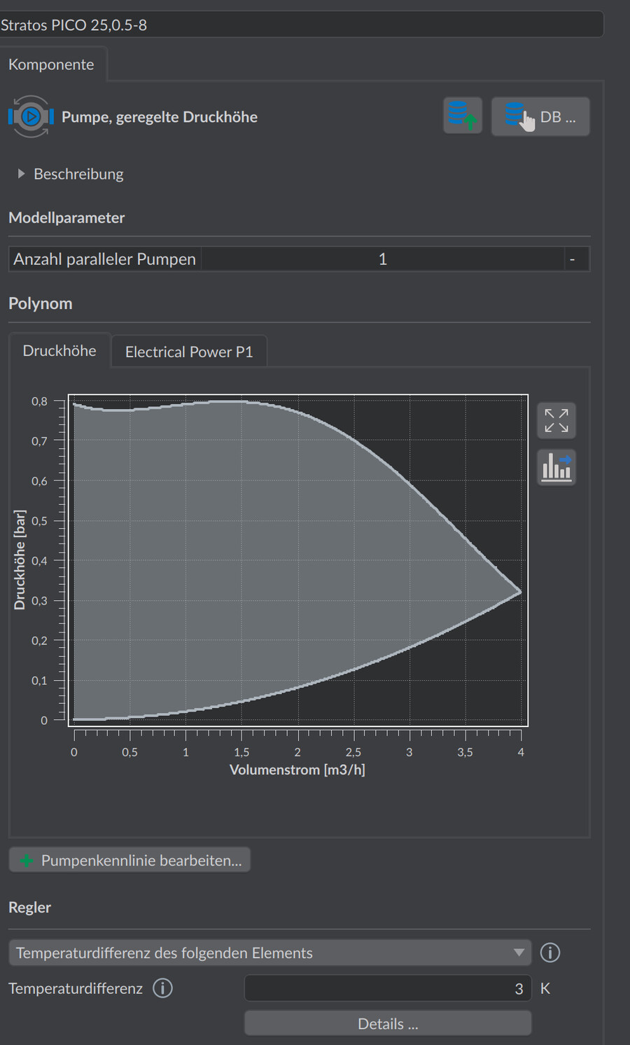 Properties of a pump with controlled pressure head: number of parallel pumps, pump curve and controller