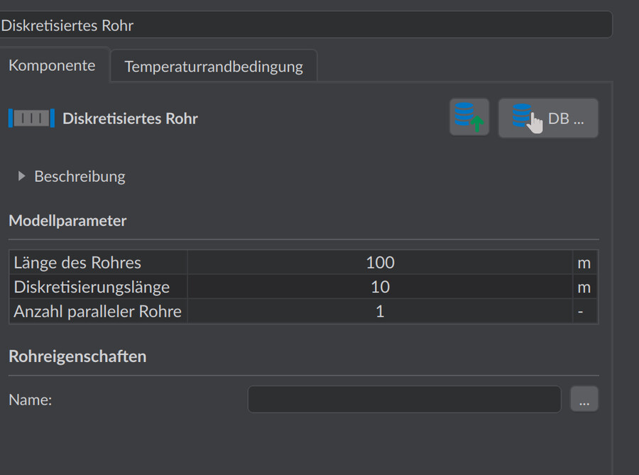 Parameter eines diskretisierten Rohrs: Länge, Diskretisierungslänge, Anzahl paralleler Rohre und Rohrauswahl