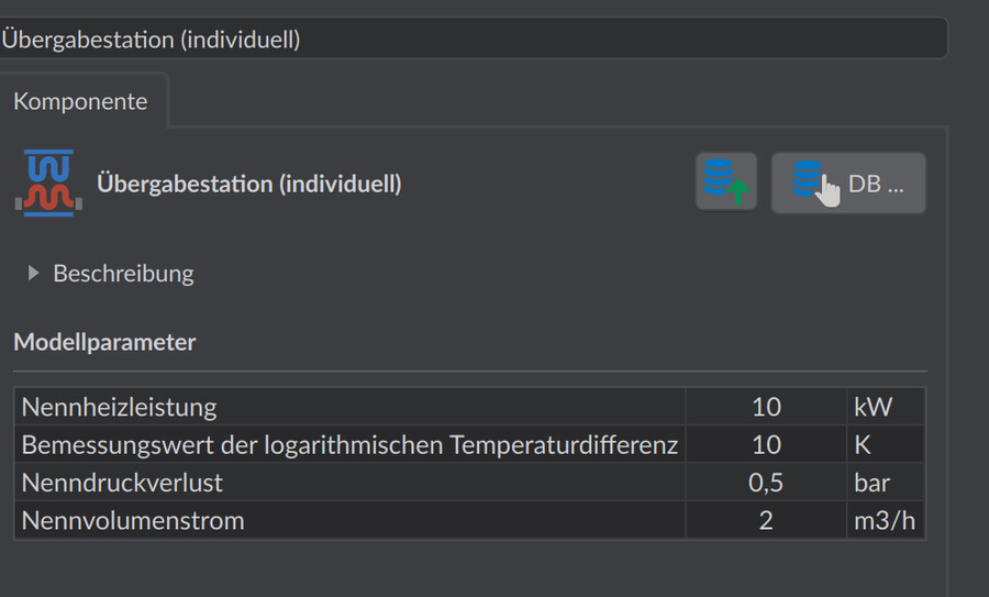 Parameter der Übergabestation mit Nennheizleistung, logarithmischer Temperaturdifferenz, Nenndruckverlust und Nennvolumenstrom