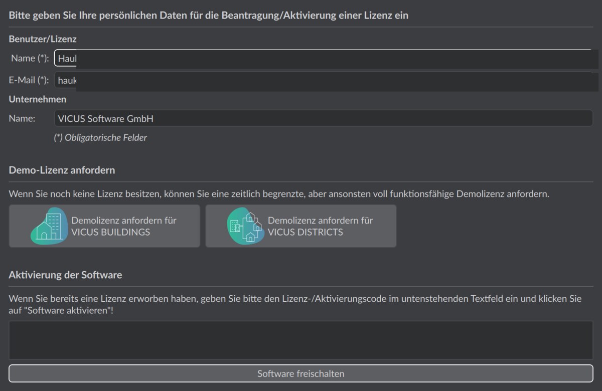 Dialog Software-Aktivierung mit Feldern für Name und E-Mail, Schaltflächen zum Anfordern einer Demo-Lizenz für VICUS Buildings und Districts sowie Textfeld und Schaltfläche zum Freischalten der Software.