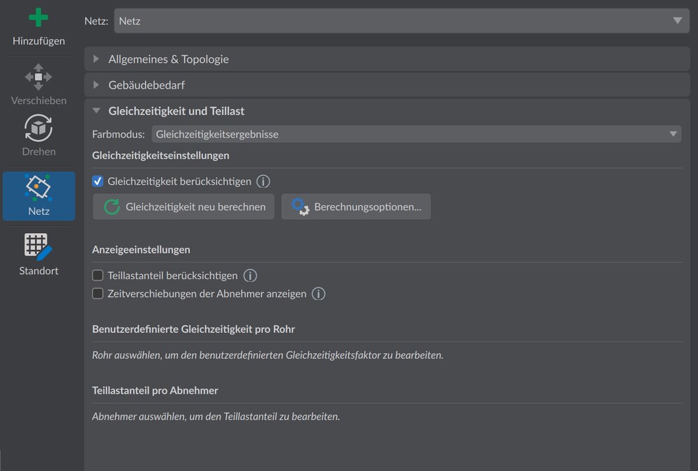 Netzeigenschaften-Reiter Gleichzeitigkeit und Teillast mit Farbmodus-Auswahl, Gleichzeitigkeits- und Anzeigeeinstellungen und den Auswahlhinweisen der beiden Bearbeitungsbereiche