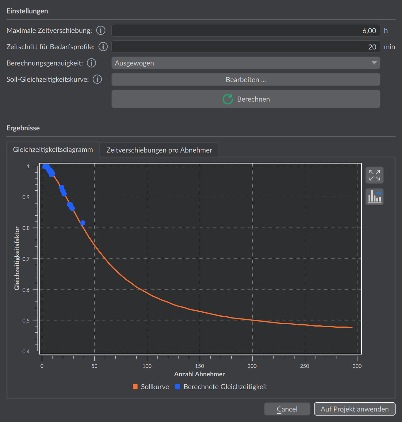 Simultaneity calculation dialog with settings, Calculate button and the simultaneity diagram of target and computed curve