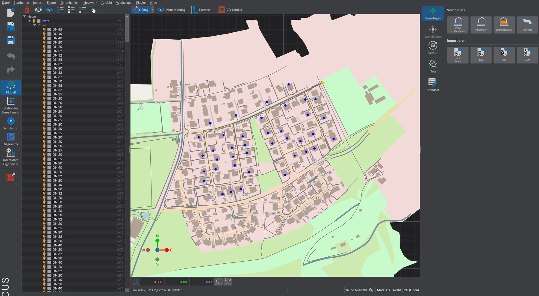 VICUS Districts mit Navigationsbaum, 3D-Szene und geoeffnetem Netz-Eigenschafts-Panel