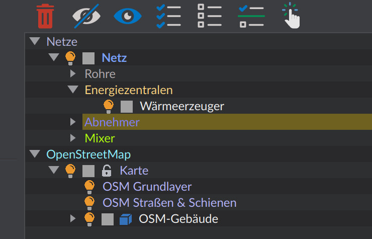 Object tree with the Networks groups (pipes, energy plants, consumers, mixers) and OpenStreetMap, plus the visibility, selection and lock icons per row