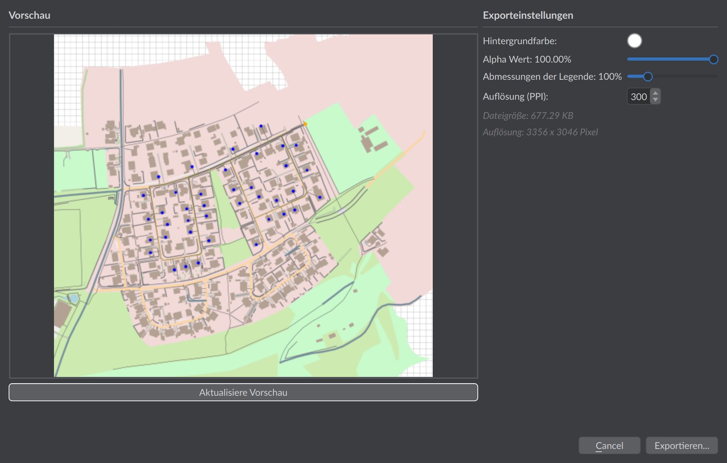 Dialog Export Bildschirmfoto mit Vorschau der 3D-Ansicht und den Exporteinstellungen für Hintergrundfarbe, Transparenz, Legendengröße und Auflösung