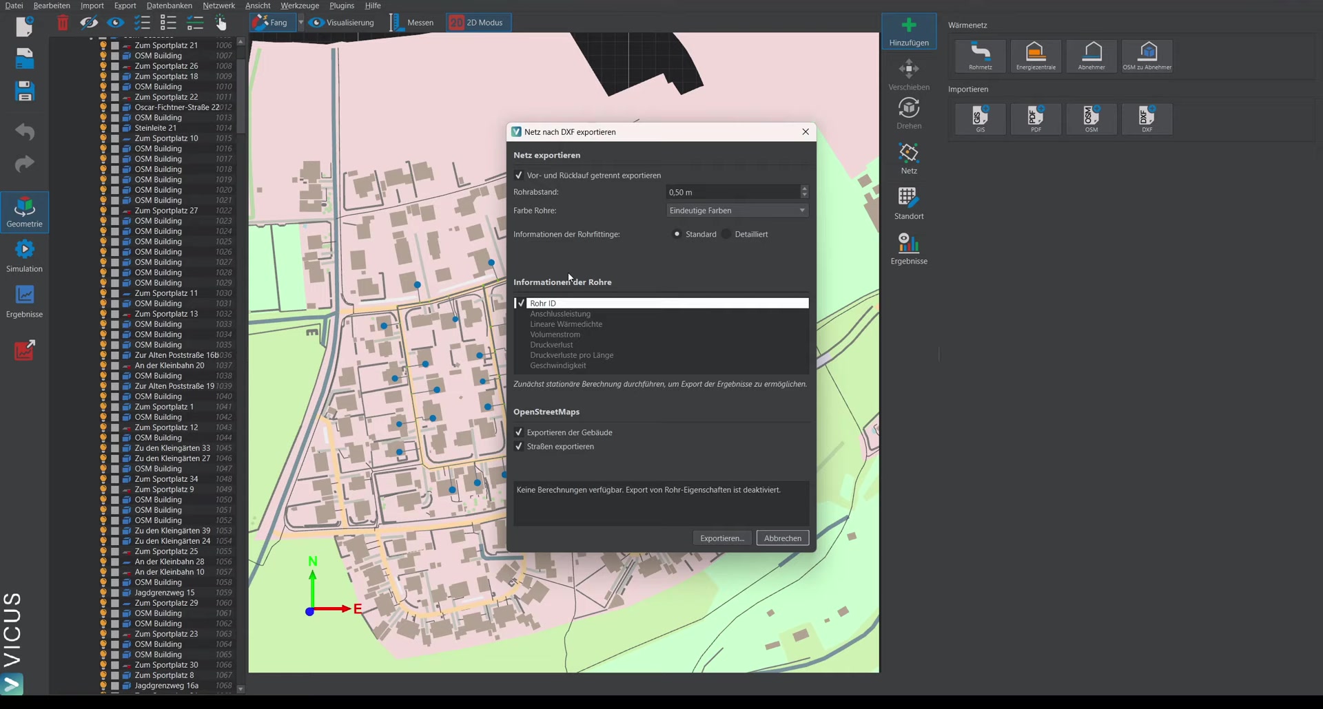 Display options for the DXF export: separate pipes vs. unified line