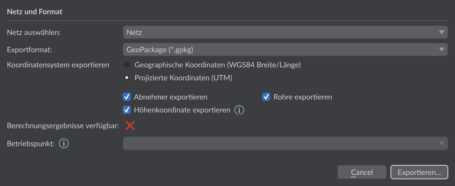 GIS-Export-Dialog mit Netz-, Format- und Koordinatensystem-Auswahl sowie Datenauswahl