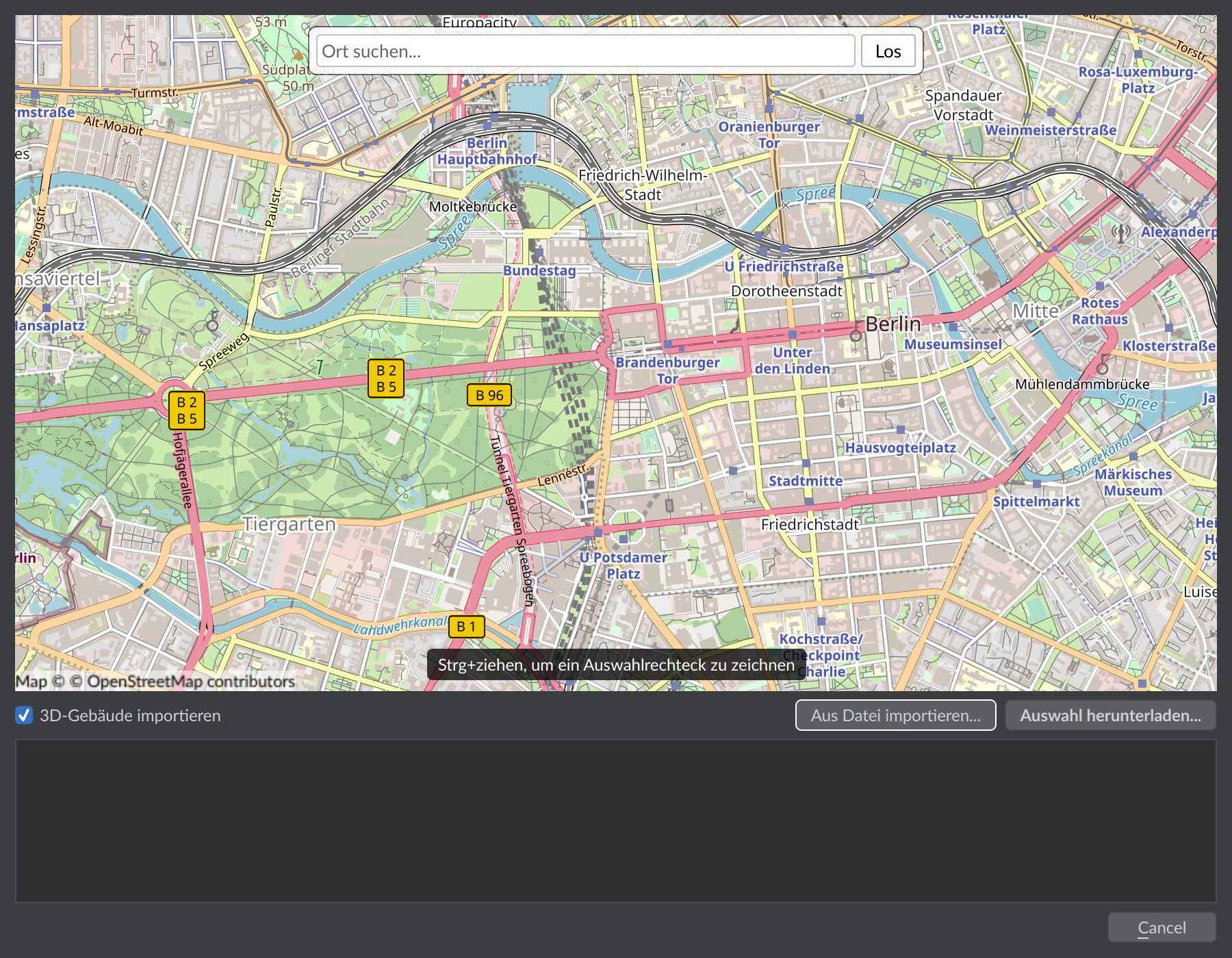Dialog »OpenStreetMap importieren« mit interaktiver Weltkarte, 3D-Gebäude-Option und Download-Schaltflächen