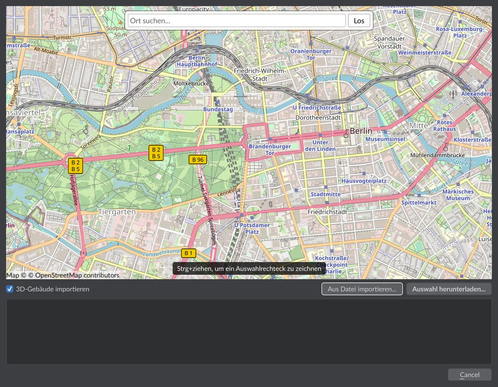 Dialog »OpenStreetMap importieren« mit interaktiver Weltkarte, 3D-Gebäude-Option und Download-Schaltflächen