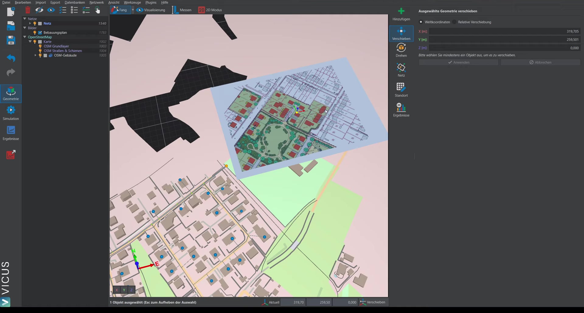 Rotate mode with blue sphere for manually rotating the plan