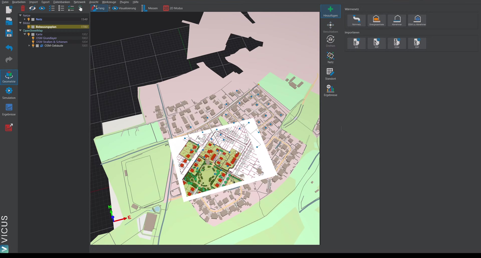 Imported plan in move mode with yellow sphere and axis arrows