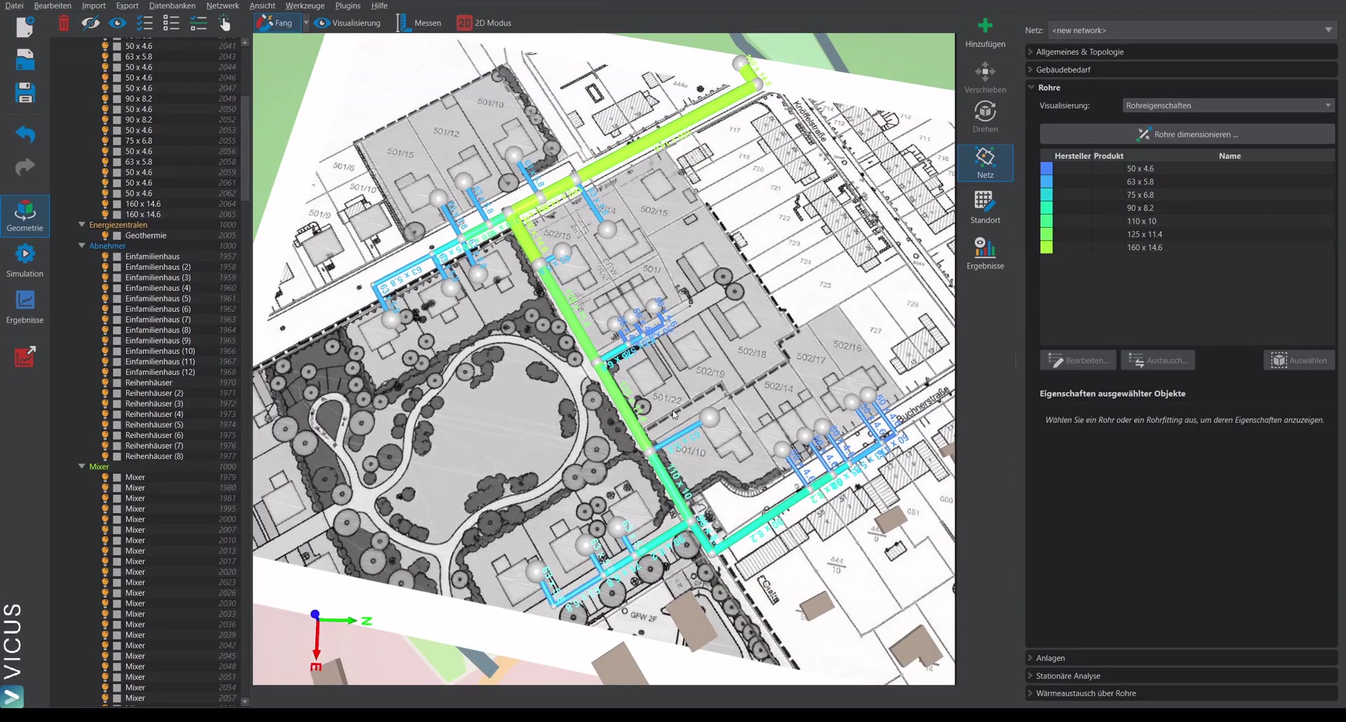 Sizing results with pipe dimensions on the network plan and bill of materials