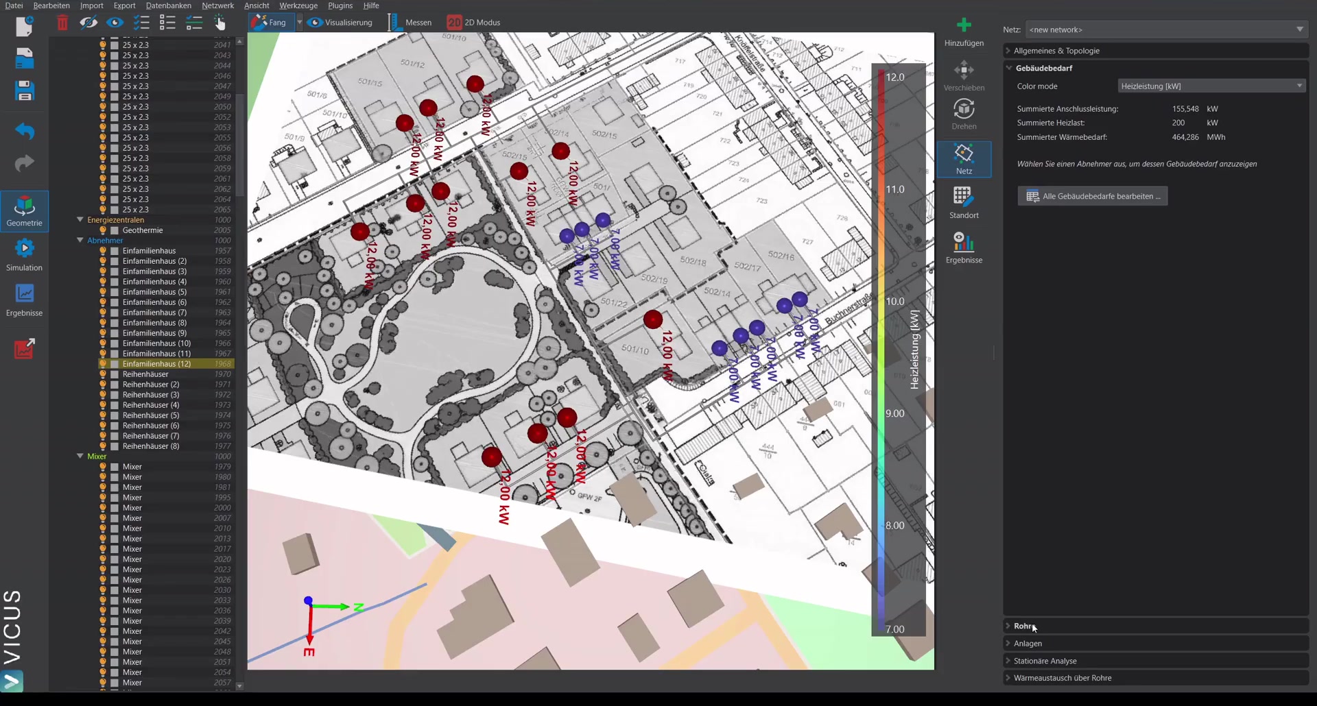 Pipe sizing dialog with supply temperature, spread, and pipe selection
