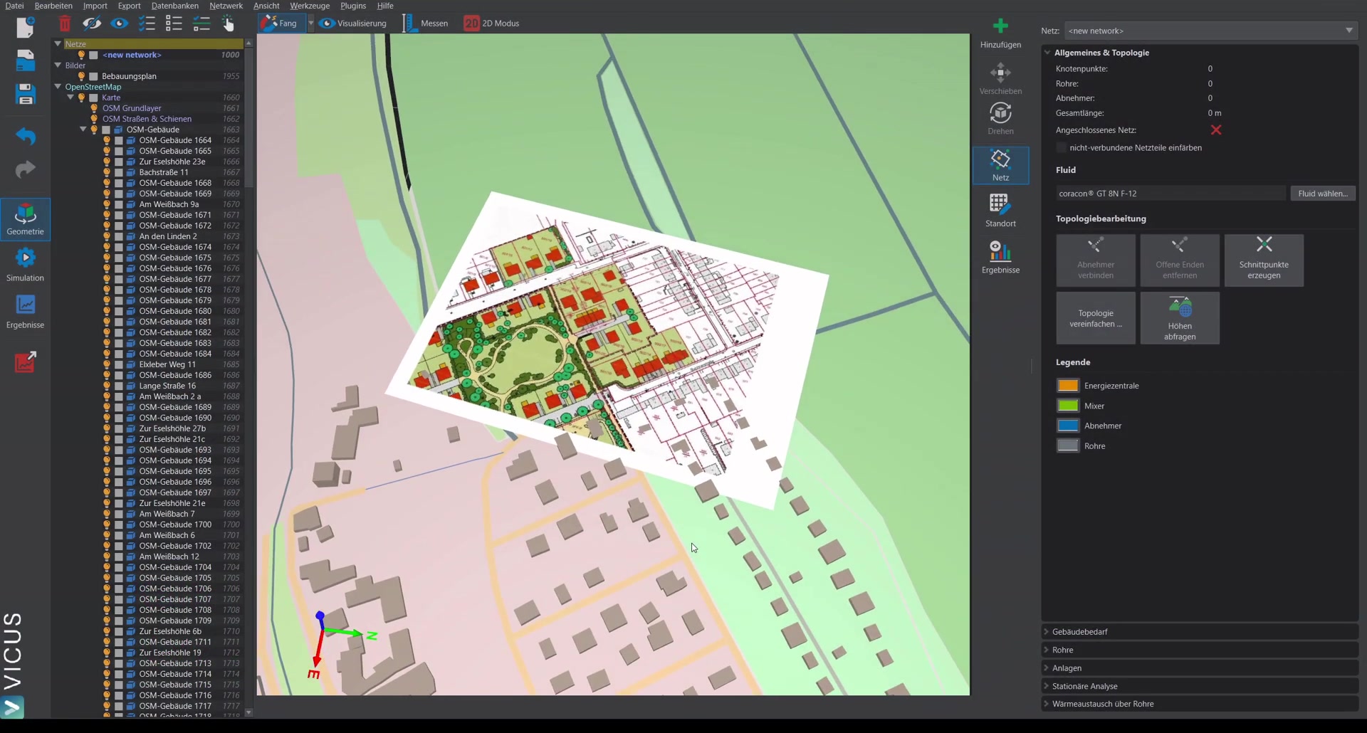 Project view with OpenStreetMap section and development plan for the cold district heating network