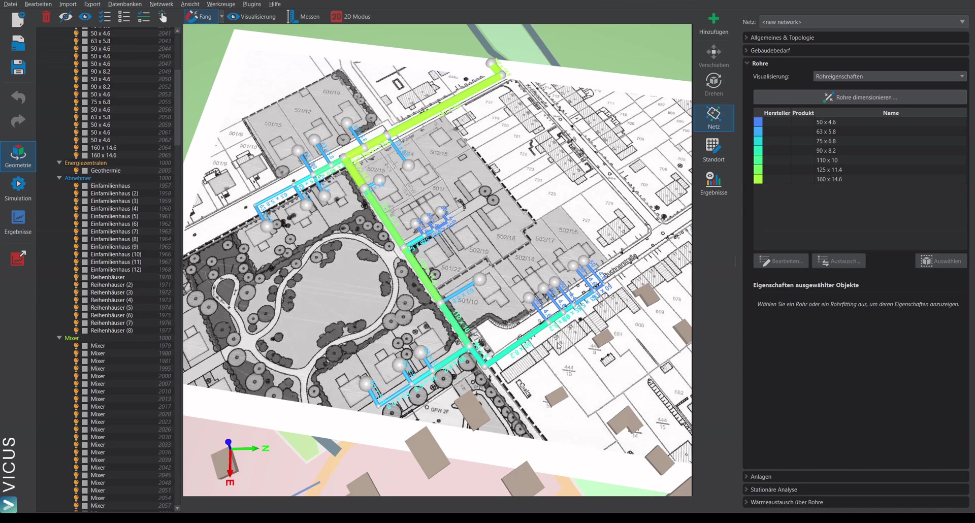 Visualization settings for pipe network, text color, and text scaling