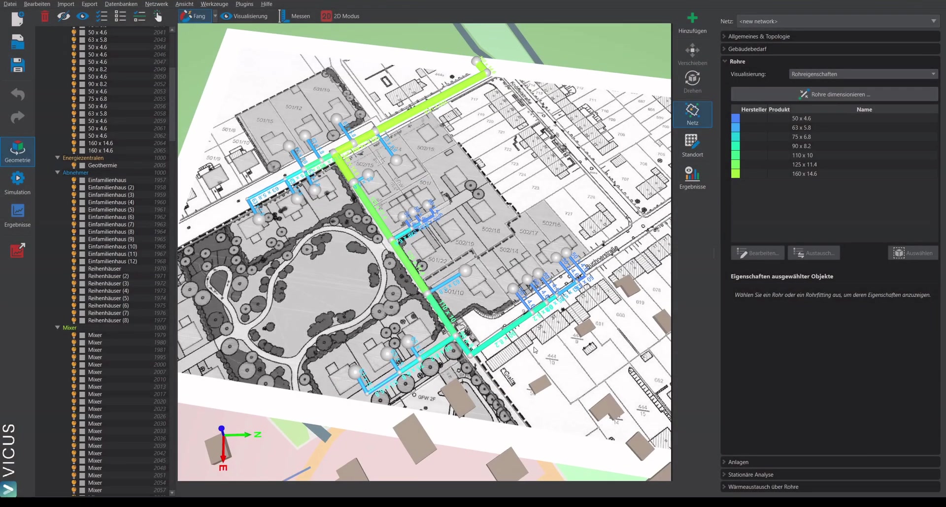 Cold district heating network ready for hydraulic calculation
