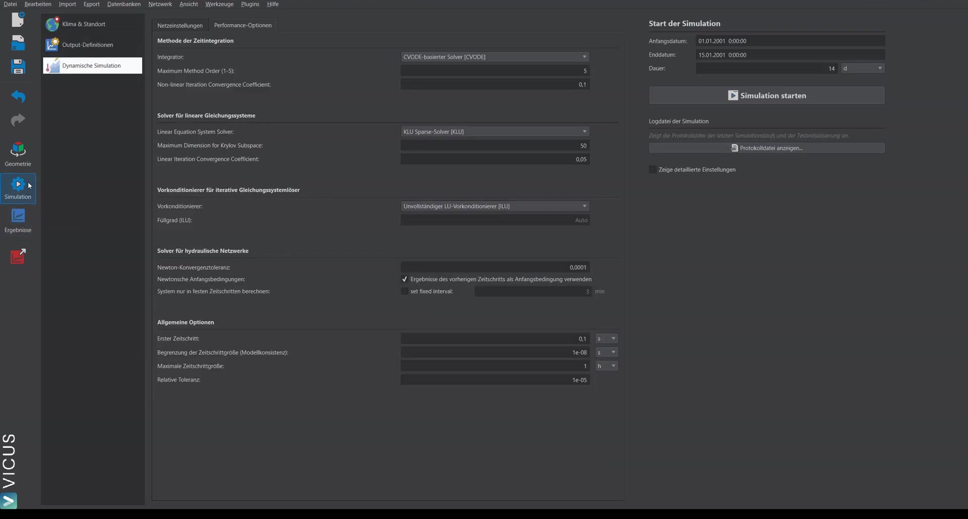 Simulation settings with 14 days of simulation time
