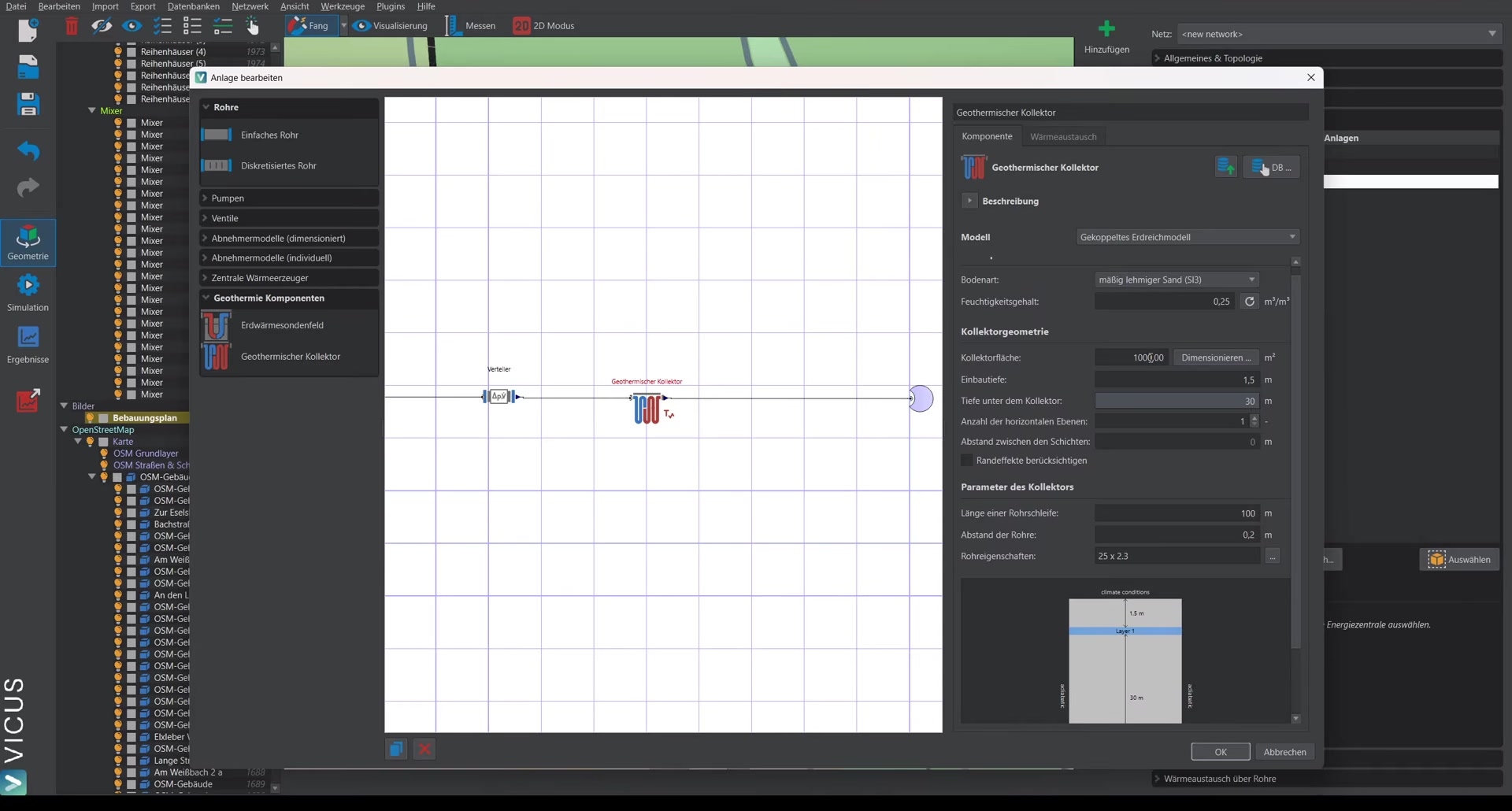 Pre-sizing dialog with heat demand, seasonal performance factor, and calculated collector area