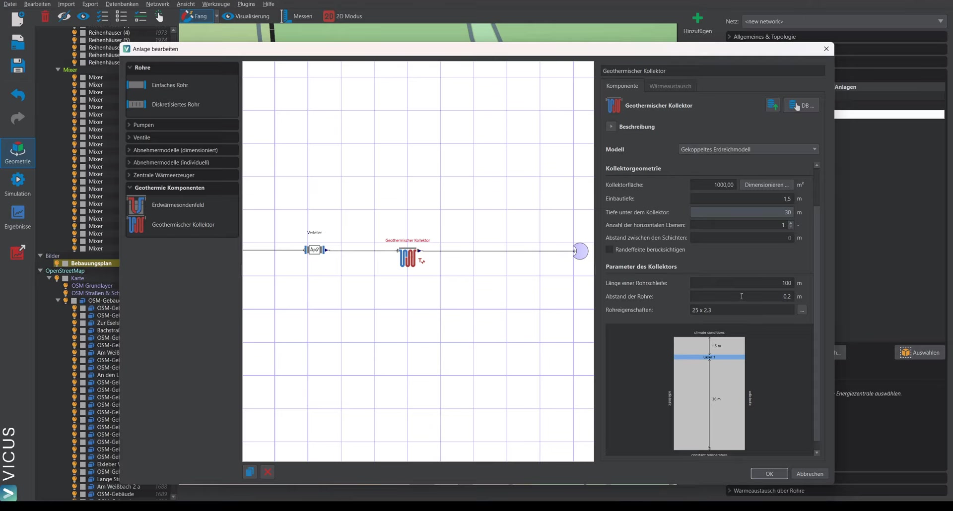 Pipe loop parameters with pipe dimension, pipe spacing, and loop length