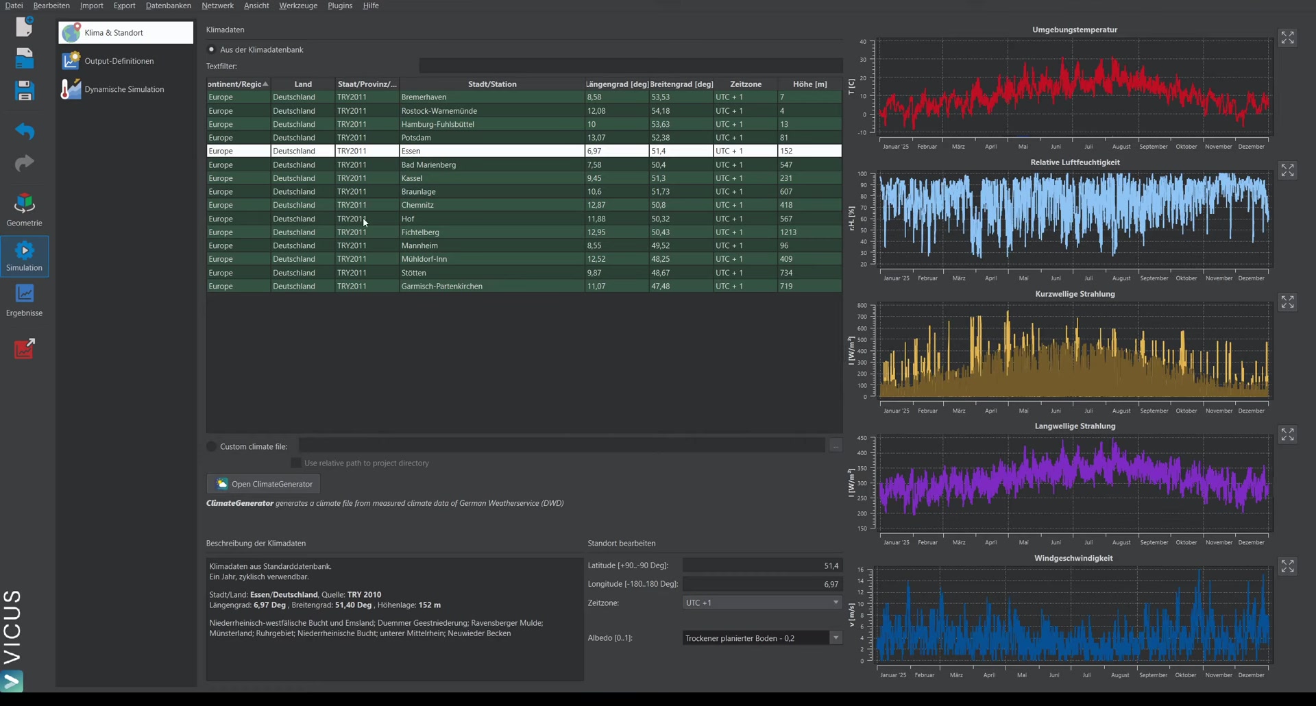 Simulation settings with climate data and 2 years of simulation duration