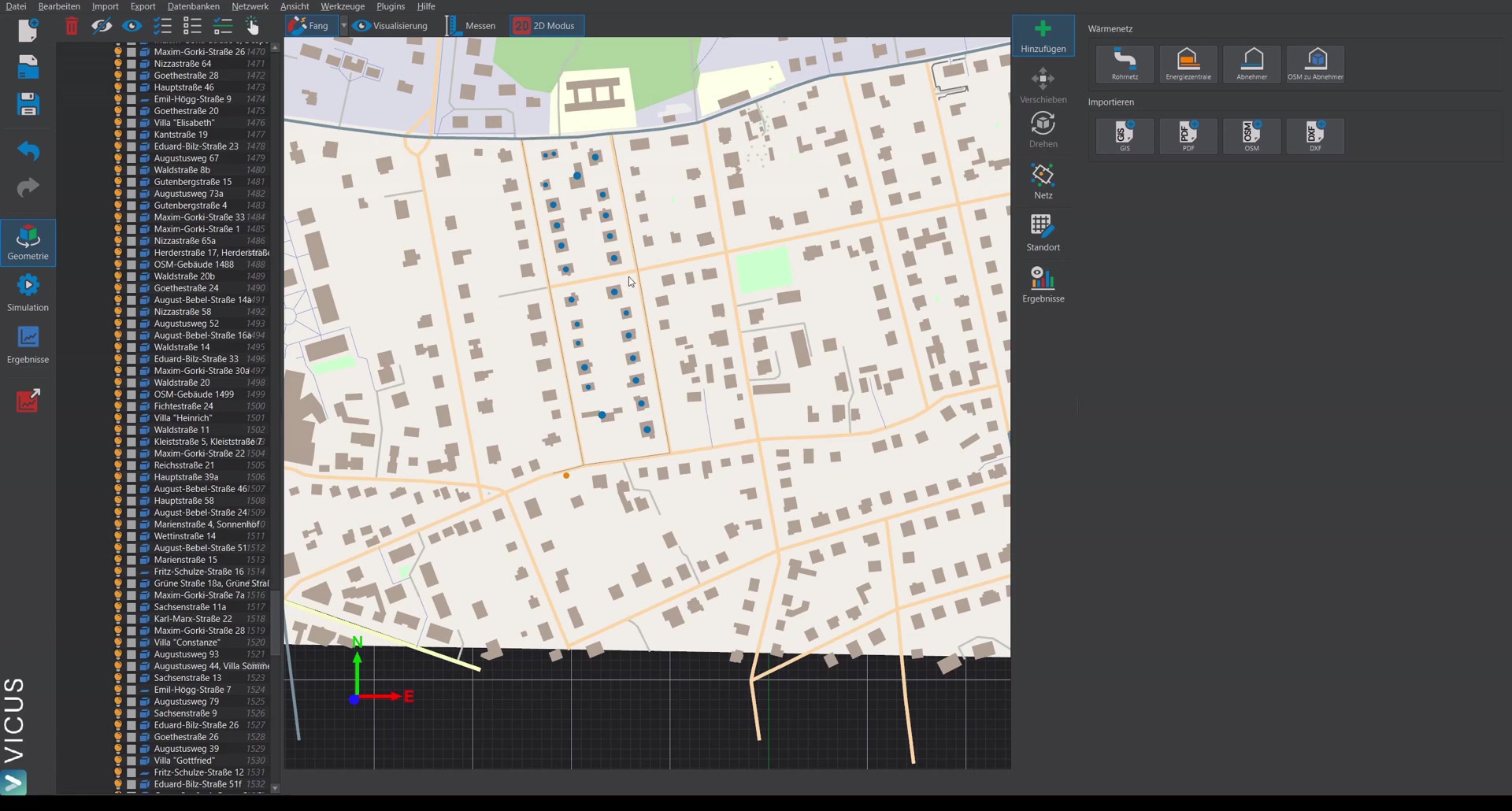 Network parameterization mode with automatic connection of all consumers and the energy plant