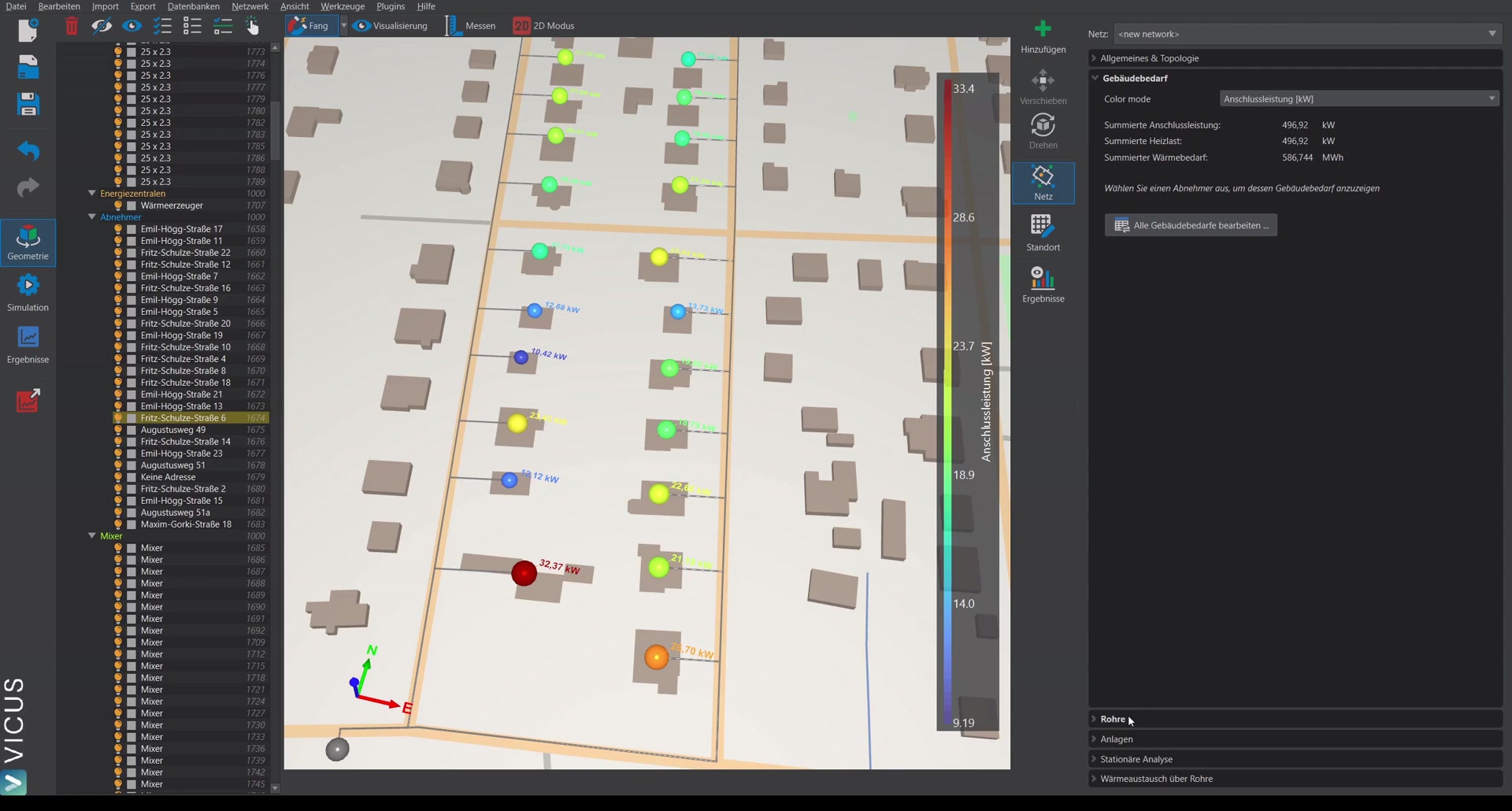 Pipe sizing dialog with supply temperature, spread, and pipe selection