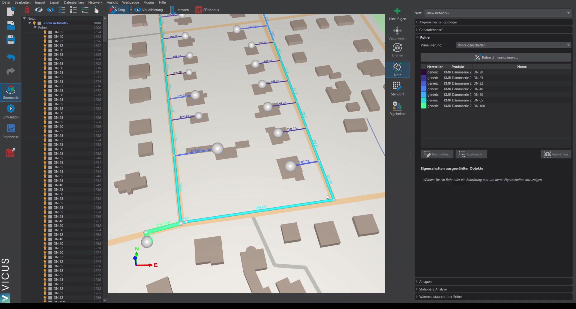 Pipe fitting properties with bends and tees visualized in the network