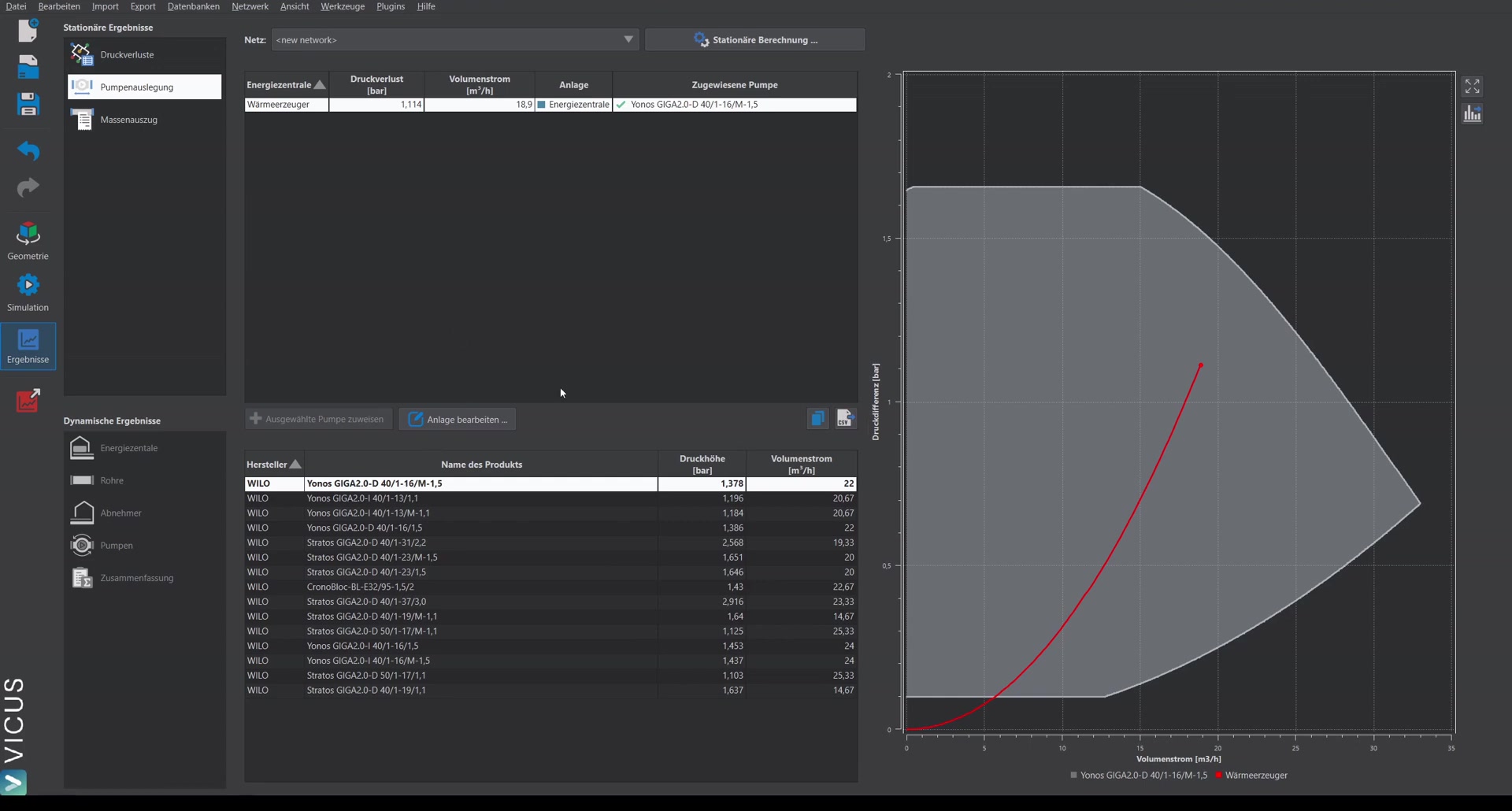 System editor with assigned pump and stored pump curves