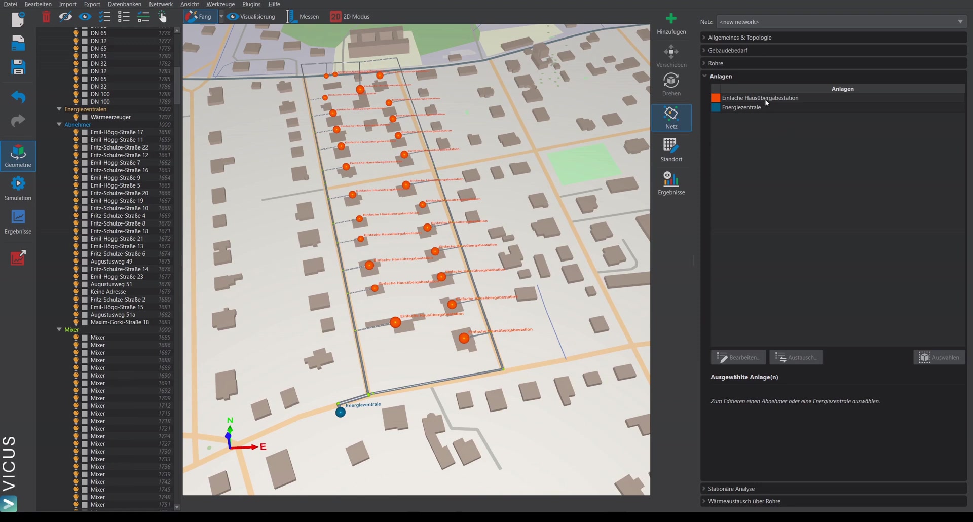 System editor with house transfer station: heat exchanger and valve