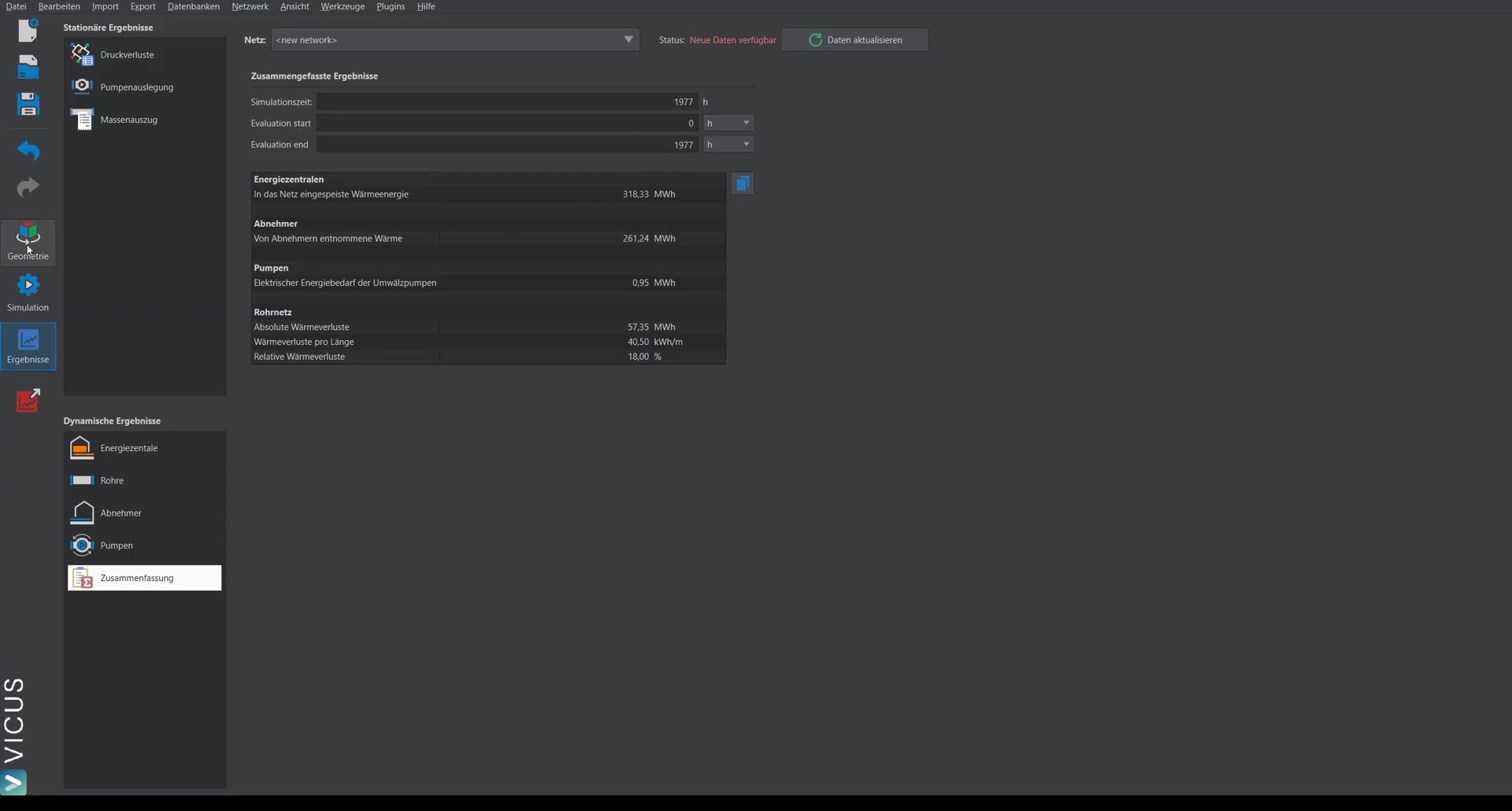 Interactive result display with color scale and time slider on the network plan