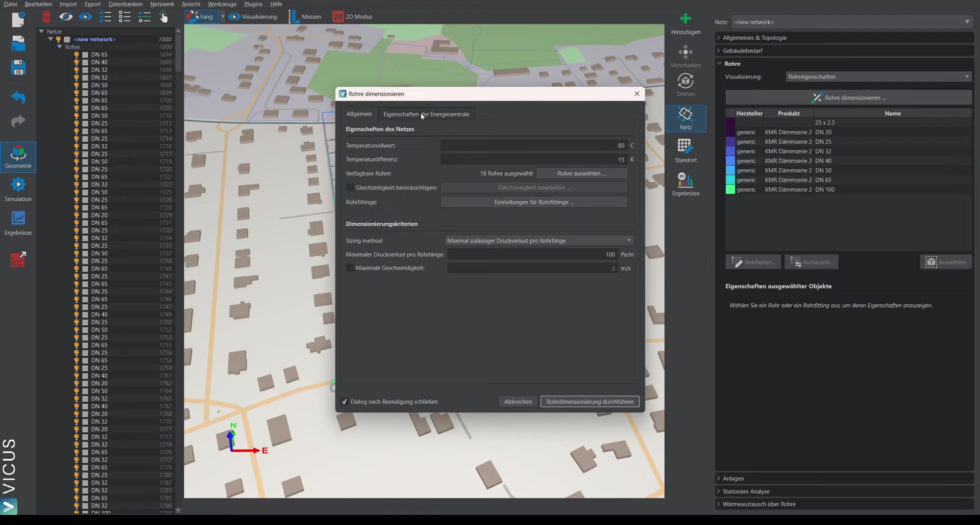 Sizing settings with 15 K spread and pipe selection