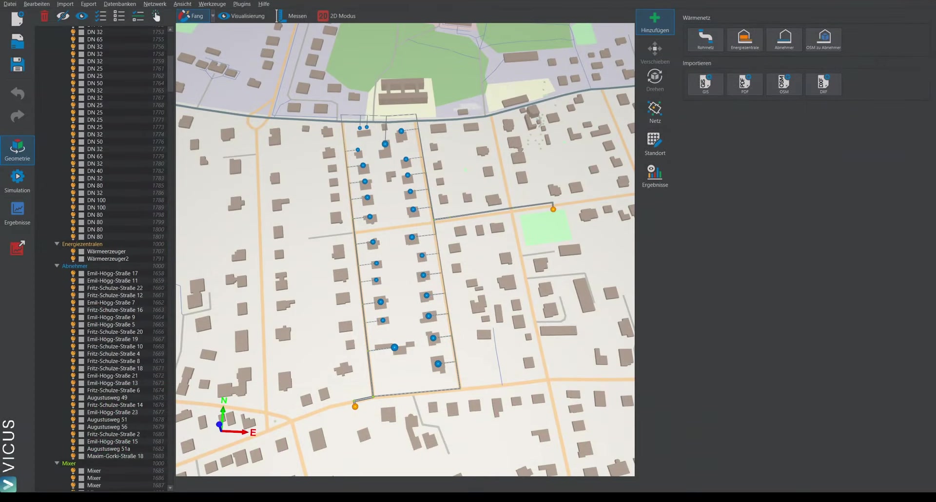 District heating network with two energy plants ready for simulation