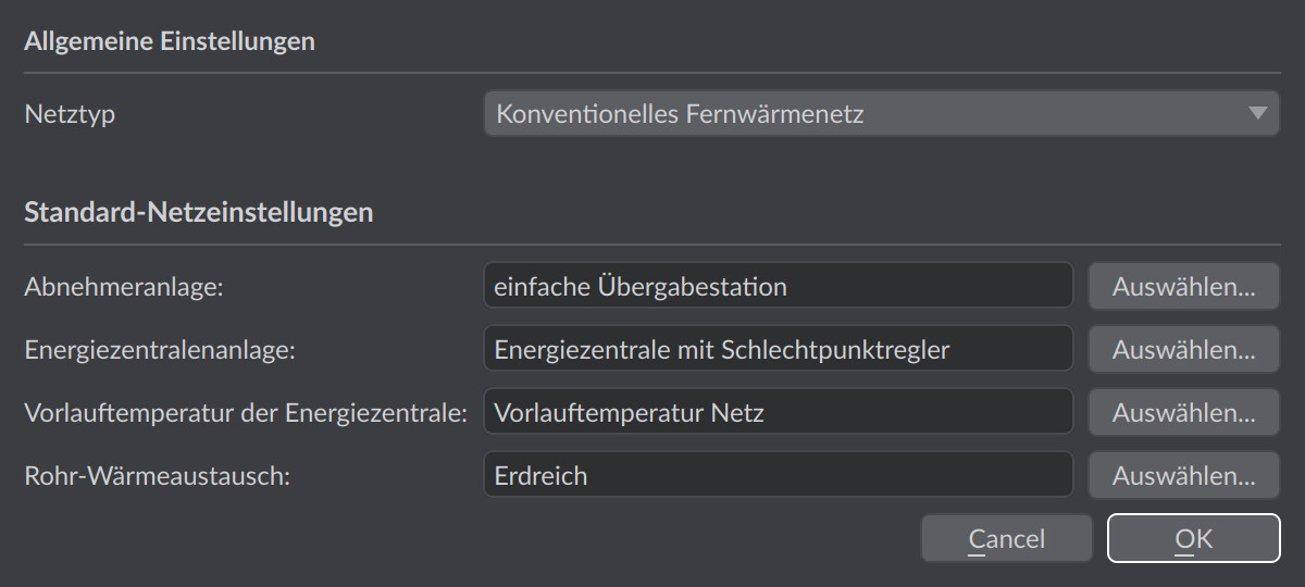 Dialog Netzeinstellungen mit Netztyp und Standard-Netzeinstellungen