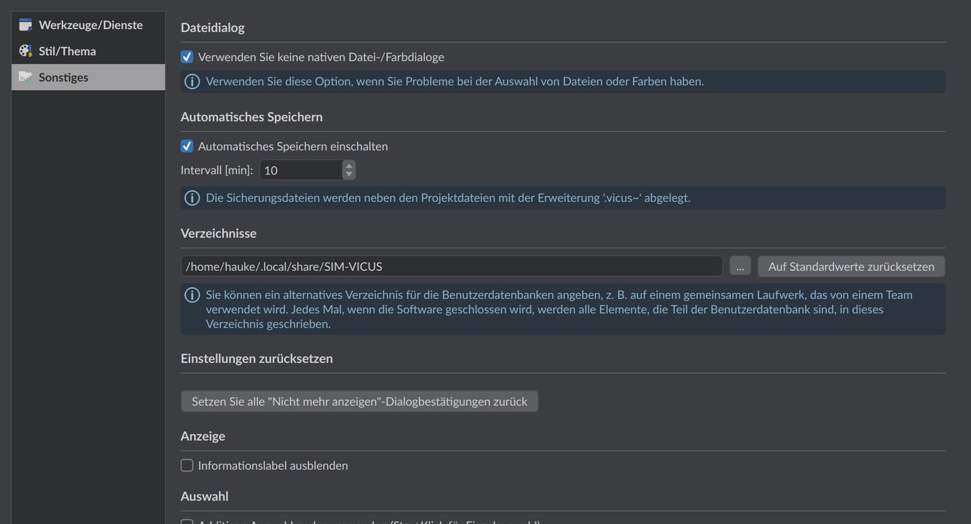 Einstellungsdialog von VICUS mit der Seite Sonstiges und Optionen für automatisches Speichern, Verzeichnisse, Auswahlmodus und Solver-Zeitüberschreitung.