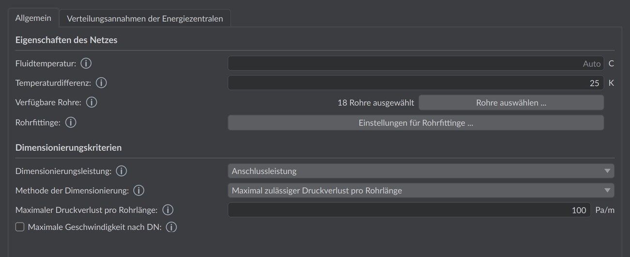 Dialog Rohre dimensionieren, Reiter Allgemein, mit Fluidtemperatur, Temperaturdifferenz, Rohrauswahl und Dimensionierungskriterien