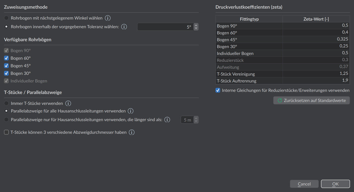 Dialog Einstellungen für Rohrfittinge mit Zuweisungsmethode, verfügbaren Rohrbögen, T-Stück-Optionen und der Tabelle der Zeta-Werte