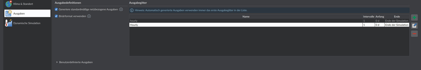 Outputs page in the simulation view with output definitions and the output-grid table