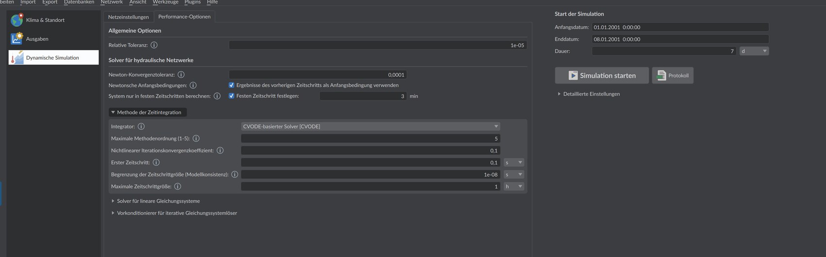 Reiter Performance-Optionen mit Solver-Einstellungen der dynamischen Simulation